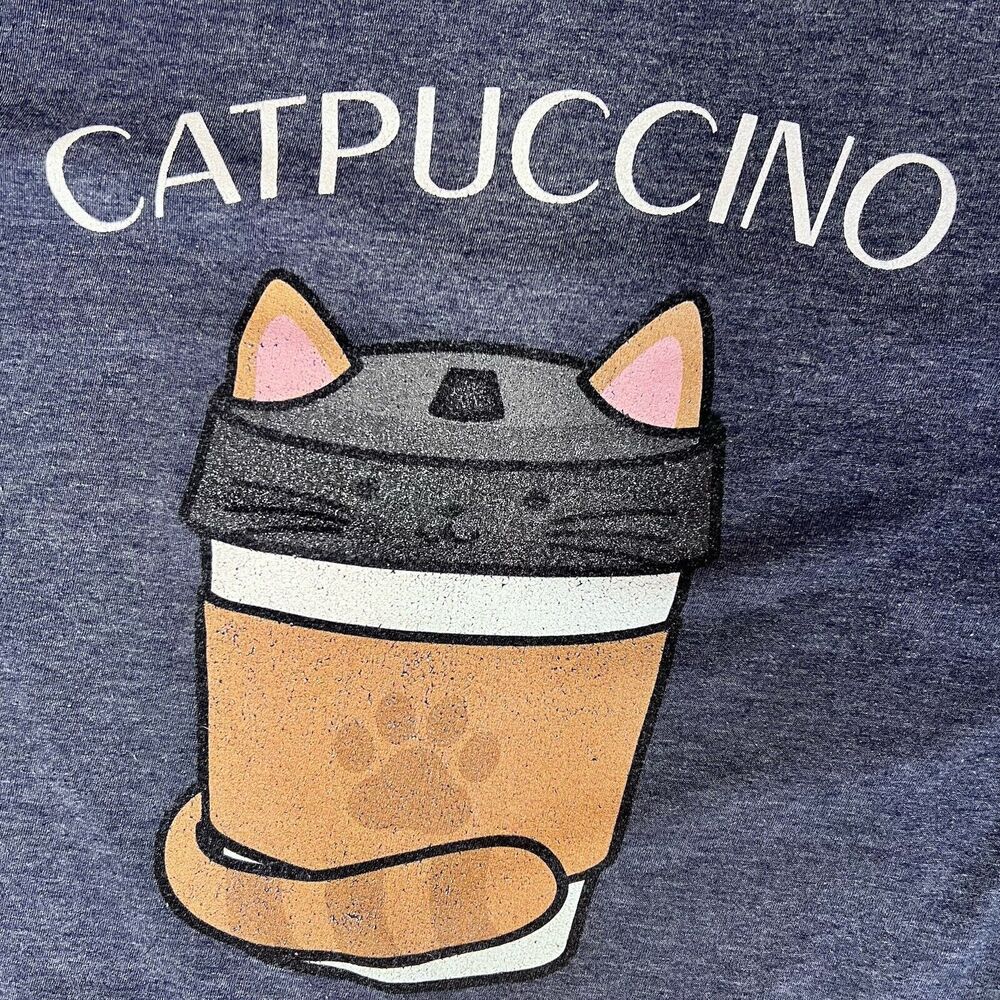 Catpuccino Short Sleeve Womens T-Shirt Size Small Blue Cat Coffee - Picture 5 of 11